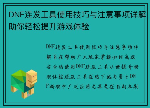 DNF连发工具使用技巧与注意事项详解助你轻松提升游戏体验